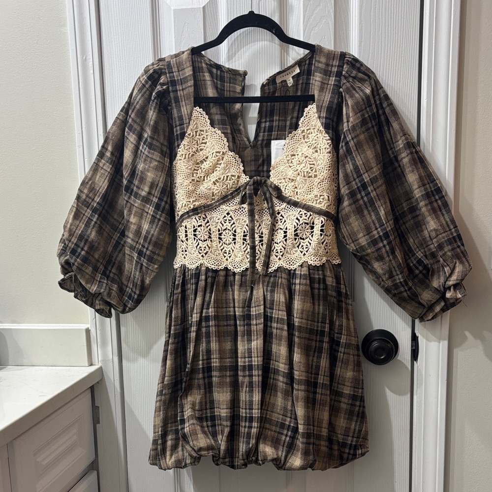 NEW Promesa Plaid Mini Dress with Lace Detail